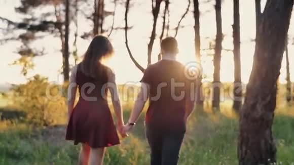 年轻夫妇在美丽的日落时分在森林里散步太阳光芒四射大自然中的情人慢莫稳定射击后视视频的预览图