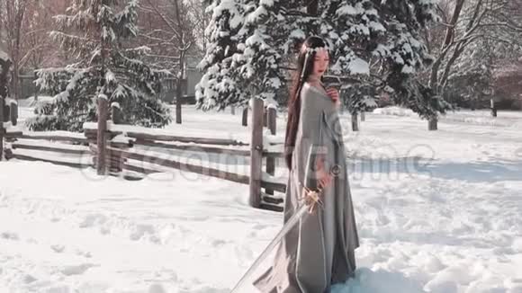 迷人的黑发女子独自站在她的村庄出口把她的剑在雪中看上去悲伤好战的视频的预览图