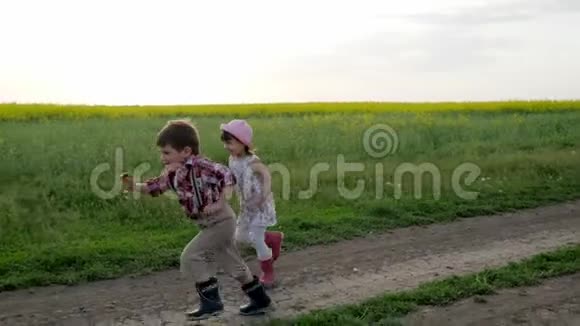 可爱的孩子在公园户外孩子们在玩追赶火炬快乐的孩子在玩慢动作小视频的预览图