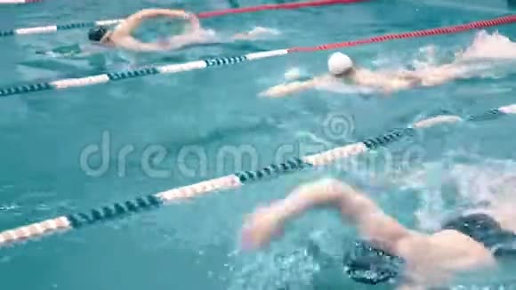 高角度三名游泳运动员比赛游泳池跟踪射击视频的预览图