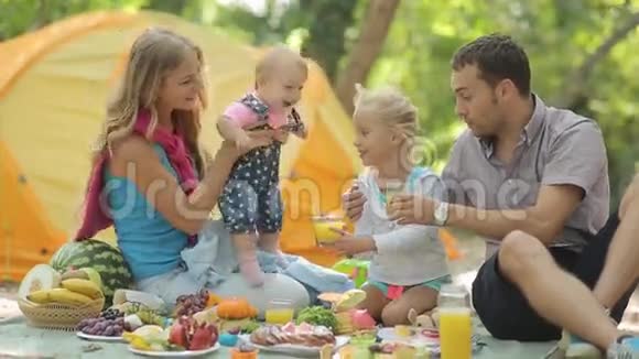快乐的家庭用水果野餐视频的预览图