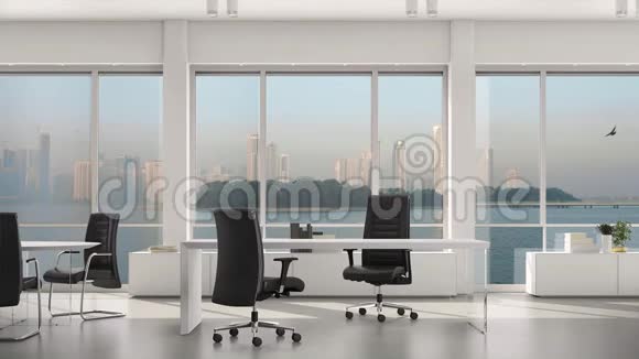 空荡荡的现代办公室岛屿和大都会与摩天大楼外的大窗户背景板彩色关键视频视频的预览图