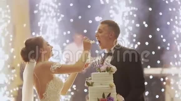 漂亮的新婚夫妇吃蛋糕视频的预览图