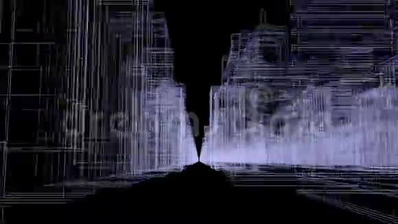 无缝环路抽象全息三维城市概念渲染与未来主义的白色和蓝色矩阵数码建筑物视频的预览图