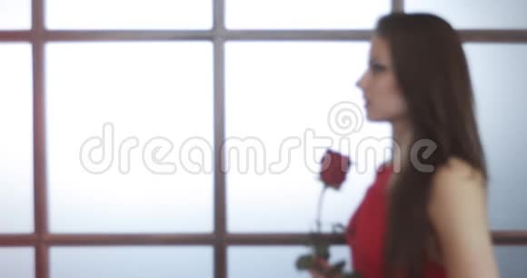 穿着红色裙子的年轻女子手里拿着花视频的预览图