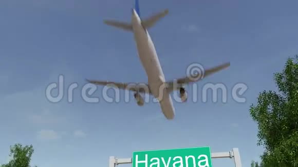 飞机抵达哈瓦那机场前往古巴的概念4K动画视频的预览图
