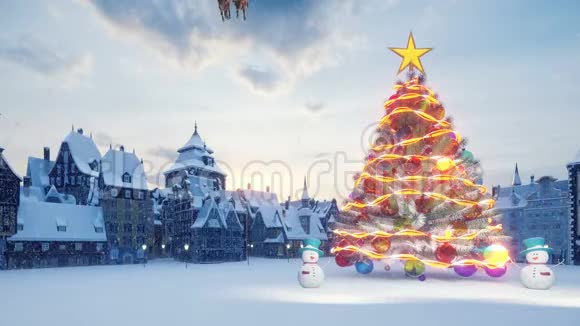 圣诞树上有五颜六色的彩球圣诞老人和圣诞驯鹿坐在雪橇上雪人和圣诞节视频的预览图