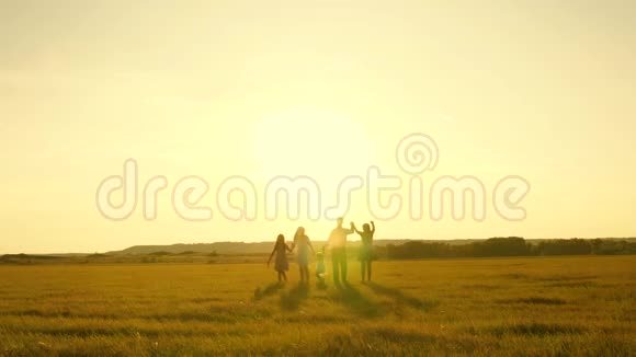 幸福的年轻家庭带着一个孩子走在夏天的田野上孩子们和妈妈正在草地上玩耍小妈妈视频的预览图