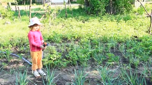 小女孩给花园和床上浇水果园灌溉视频的预览图