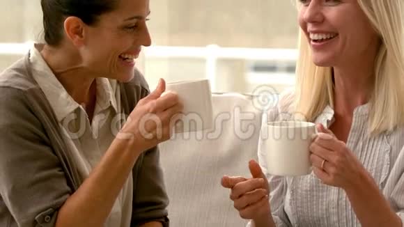 两个朋友慢吞吞地坐在沙发上在家喝咖啡聊天视频的预览图