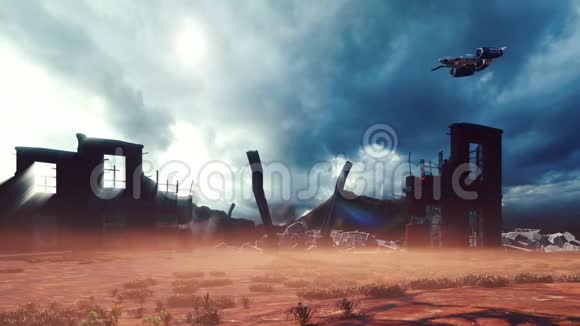 外星飞船飞过后世界末日摧毁的城市启示录的概念循环动画视频的预览图