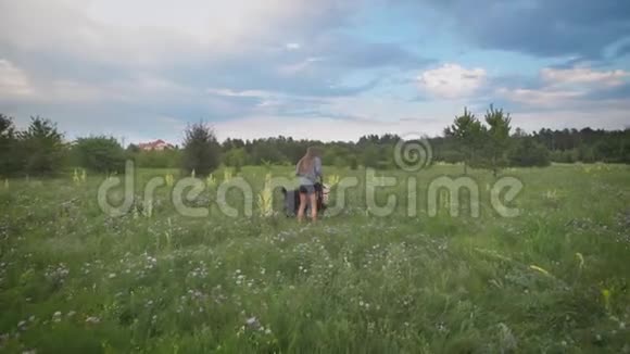 年轻的女人在夏天的傍晚在绿色盛开的田野里遛两只狗狗在玩耍美丽的阴天在里面视频的预览图