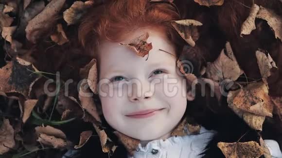 秋天公园里一个小可爱的红头发女孩躺在一片黄叶上她看着相机微笑着叶子视频的预览图