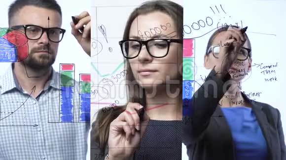三合一视频男人和女人绘制各种成长图计算现代玻璃办公室的成功前景视频的预览图