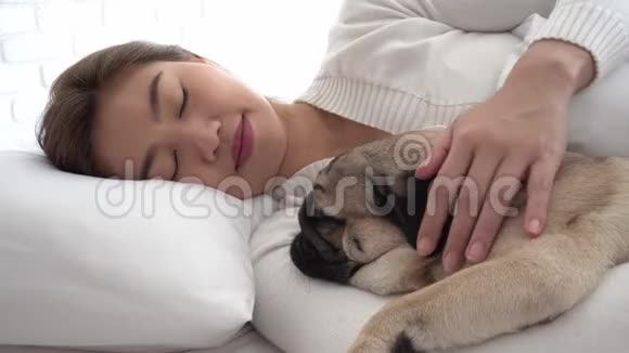 女人和狗狗睡觉视频的预览图