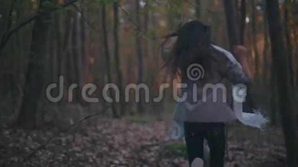 迷路的小女孩戴着一条鲜艳的围巾穿过黑暗的森林她感到害怕和孤独她摔倒了得到了视频的预览图