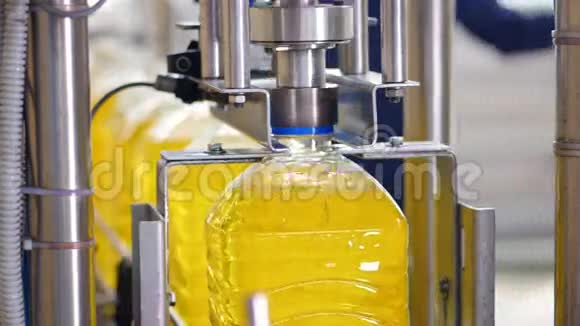 葵花油加工厂工业机器在塑料瓶上拧紧盖子4K视频的预览图