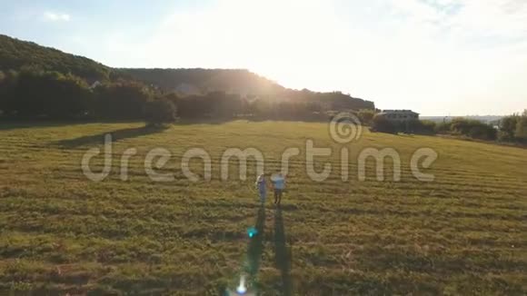 空中射击一对相爱的年轻夫妇牵着手跑过田野视频的预览图