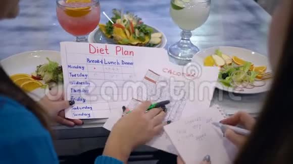 卡路里控制有饮食计划日历的女性在健康早午餐时会在纸上计算卡路里视频的预览图