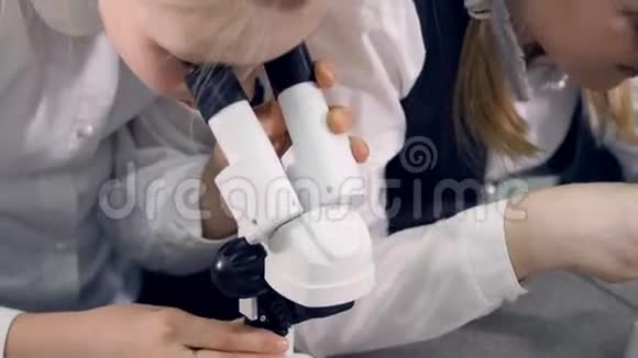 那个女孩在显微镜下做科学实验特写镜头4K视频的预览图