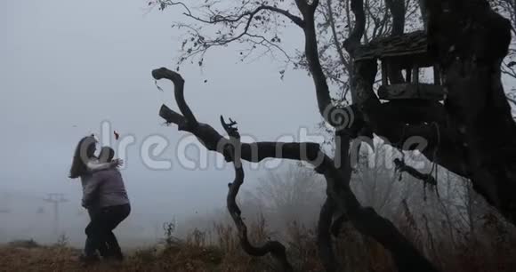 深秋山清水秀男人在树前旋转女人落叶覆盖着浓雾视频的预览图