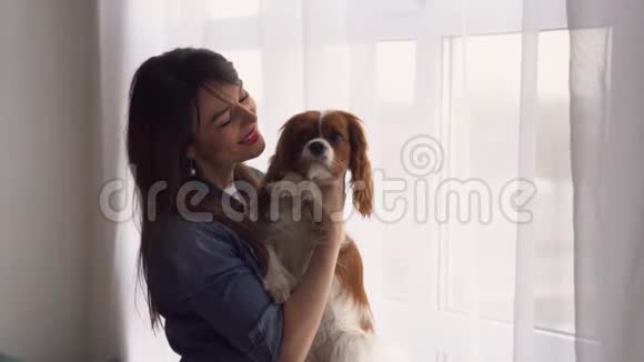 窗户附近的一个女人和一只狗视频的预览图