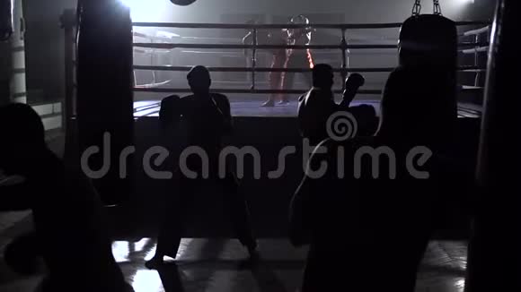 戴手套的男人比梨在戒指的背景中有一群拳击手慢动作视频的预览图