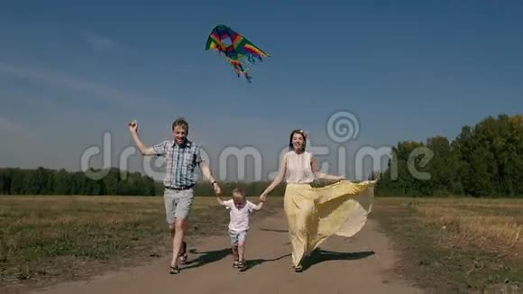 欢乐的一家人放着风筝在路上奔跑视频的预览图