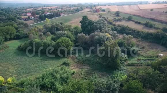 森林田野和房屋的空中景观视频的预览图