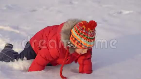 小男孩在雪地里玩耍视频的预览图