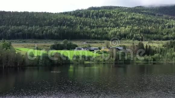 挪威自然湖和周围的森林2019完美的天气和白昼时间维珍挪威纳特的小村庄和公路视频的预览图