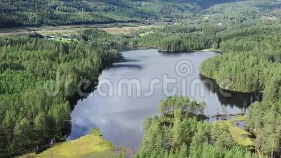 挪威自然湖和周围的森林2019美丽的湖泊和森林附近的小村庄视频的预览图