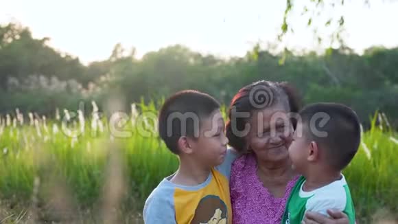 快乐的孙子和奶奶坐在草地上在日落时在公园里玩得很开心视频的预览图