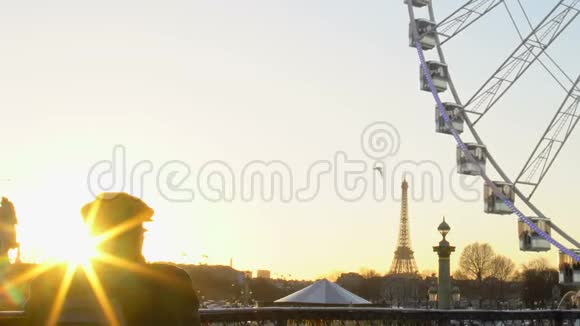 法国巴黎美丽的日落游客观看大轮和埃菲尔铁塔视频的预览图