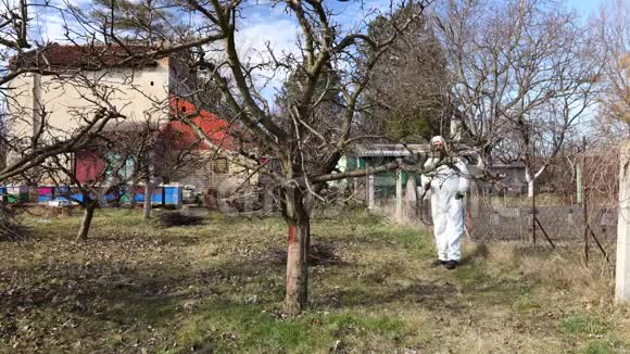 园丁穿着防护的整体撒果树与长喷雾器在果园里视频的预览图