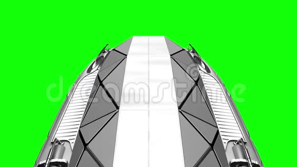 背景上的绿色屏幕外星科幻飞船在太空中飞行强大的发动机脉动和闪烁3d视频的预览图