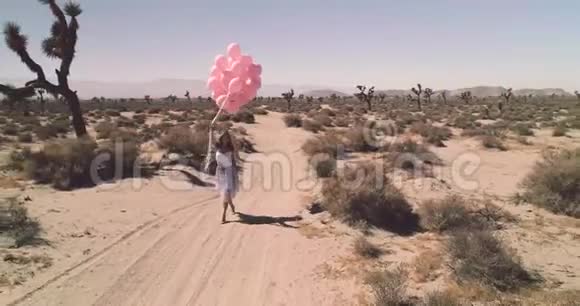 一个女孩带着气球在沙漠湖El幻影中行走空中无人机2017年10月视频的预览图