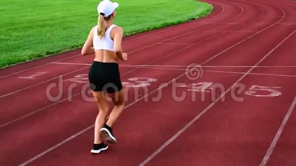 运动的女人跑在跑道上体育女孩在体育场慢跑视频的预览图