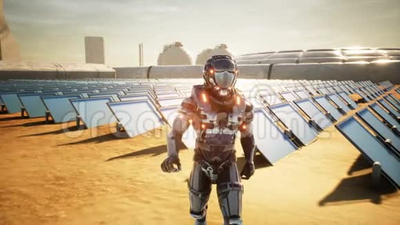 宇航员火星人在检查太阳能电池板后返回基地超现实的概念视频的预览图