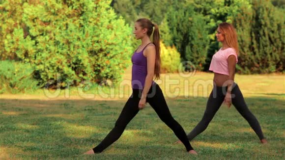 两个漂亮的女孩在做瑜伽视频的预览图