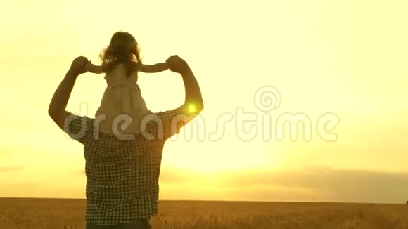 在黄日落的背景下父亲肩膀上的小幸福女儿在田野上小男孩和爸爸一起旅行视频的预览图