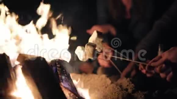 近距离观看被篝火炸的棉花糖一群人深夜坐在炉火旁视频的预览图