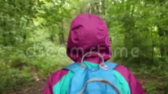 一个女孩在树林小径上徒步旅行视频的预览图