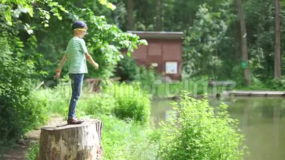 男孩站在湖边的树桩上视频的预览图