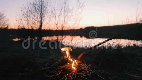 儿子和爸爸在炉火旁双脚特写家人晚上在河岸露营视频的预览图