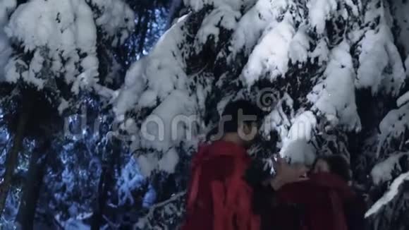 穿着红色服装的可爱的男女在白雪皑皑的冬木中玩得很开心视频的预览图