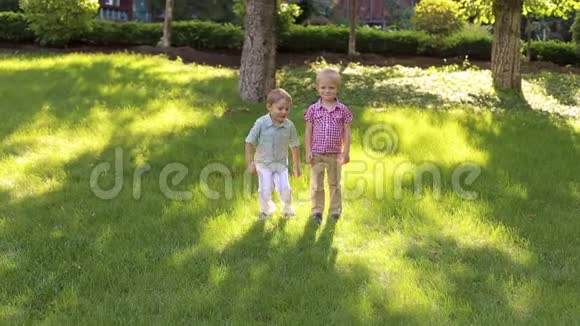 两个高兴的小男孩在草地上跳公园视频的预览图