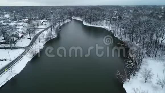 冬天寒冷的白天带雪的湖景视频的预览图