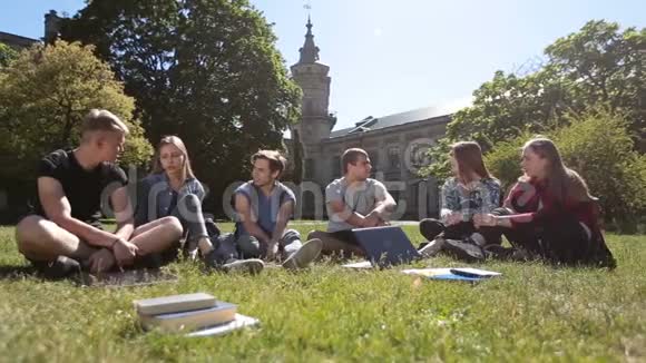 一群学生在校园草坪上聊天视频的预览图