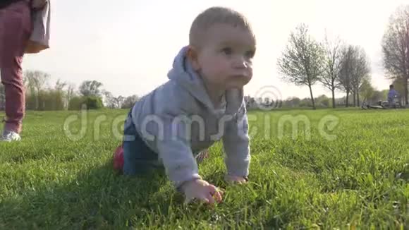 婴儿爬在公园草地上视频的预览图